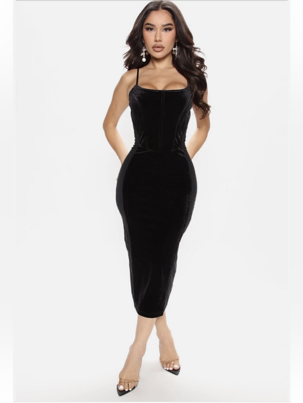 Fashion Nova Black Velvet & Mesh Midi Dress - Picture 2 of 7